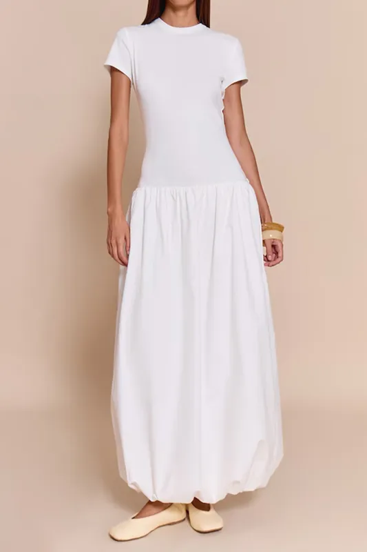 Patchwork Ruched Puff Hem Short-Sleeve Maxi Dress sold by Micas