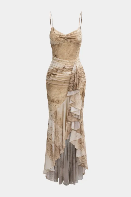 Abstract Print Asymmetrical Ruched Ruffle Hem Slip Sleeveless Maxi Dress sold by Micas