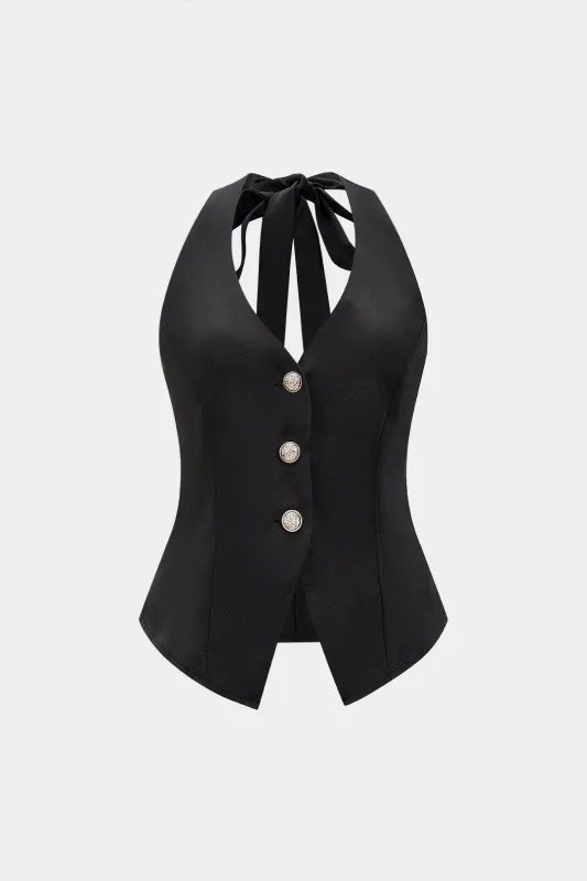 Halter Neck Metallic Button Tie-Back Cami Top sold by Micas