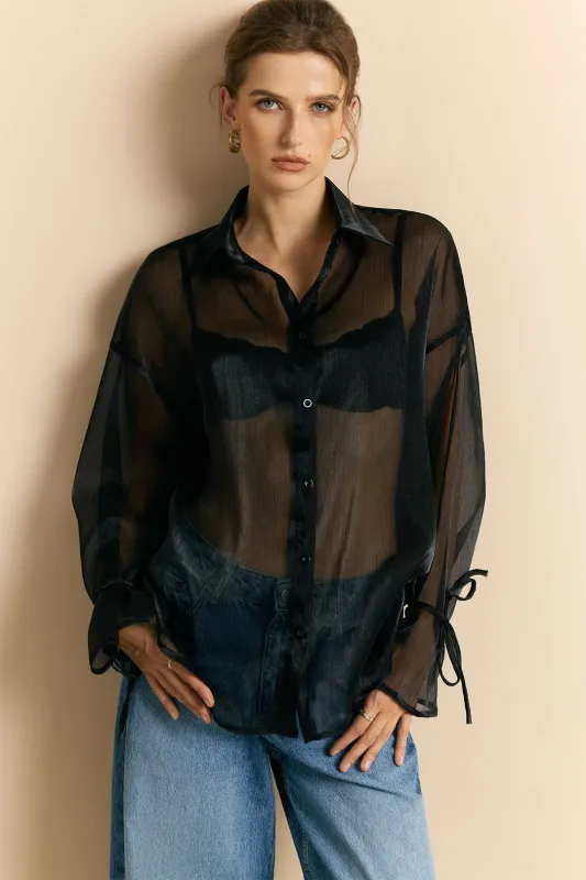 Sheer Mesh Tie-Up Lantern Long-Sleeve Shirt sold by Micas