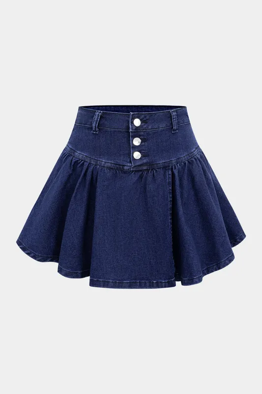 Denim Button Puff Skirt sold by Micas