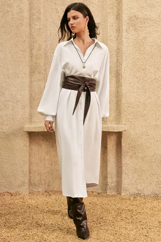 Button Patchwork Faux Leather Belted Tie-Front Long-Sleeve Maxi Dress sold by Micas