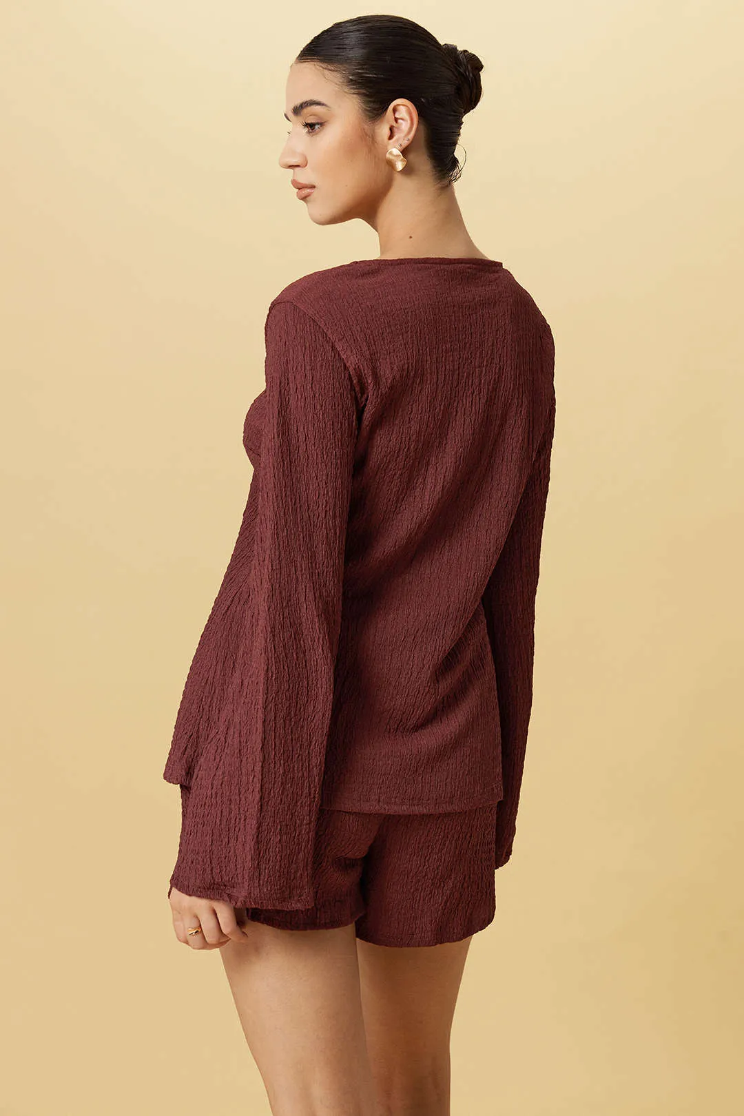 Tie-Up Ribbed Long-Sleeve Top And Shorts Set sold by Micas product image thumbnail 2