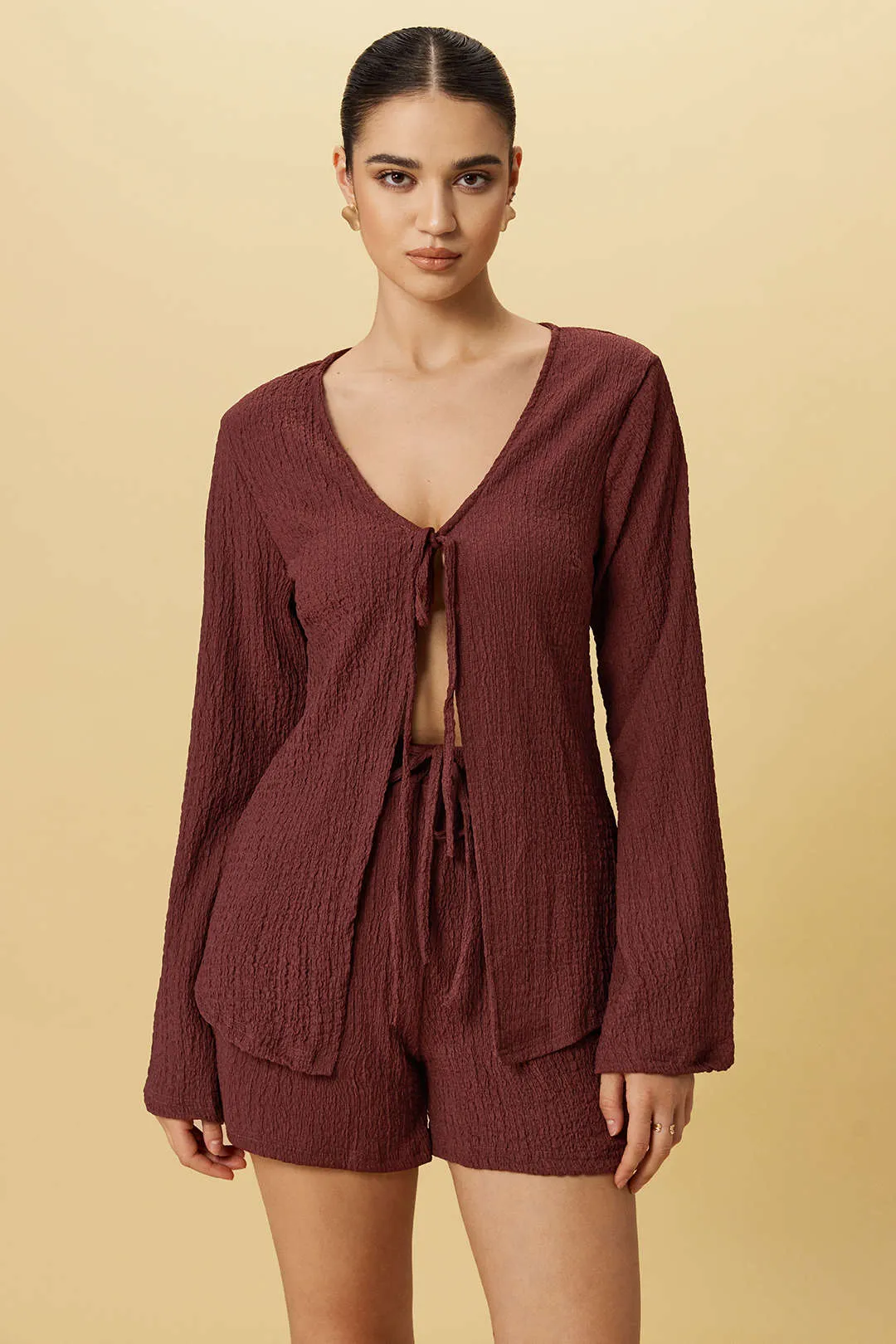 Tie-Up Ribbed Long-Sleeve Top And Shorts Set sold by Micas