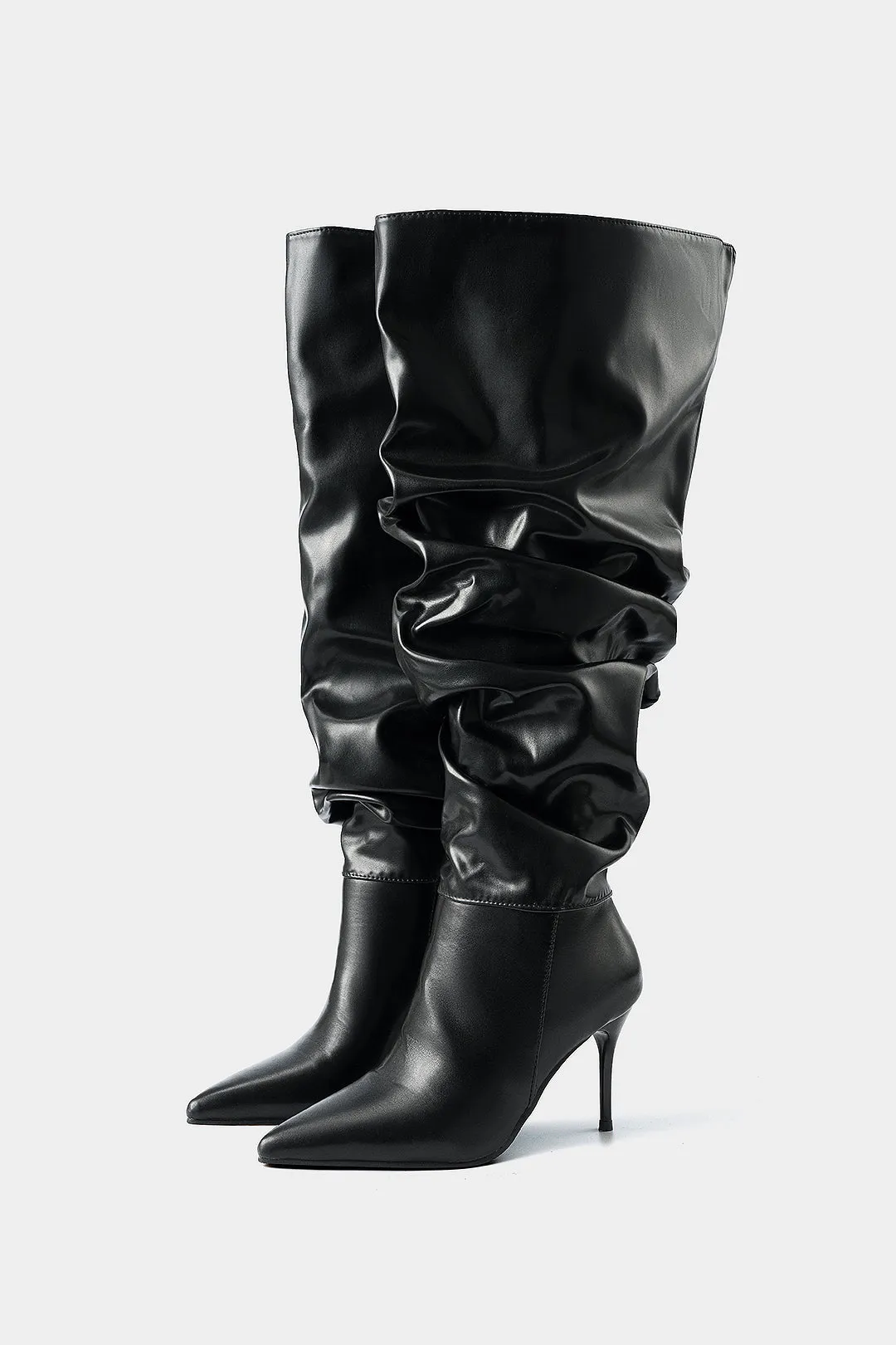 Leather Ruched Pointed Toe Knee High Boots sold by Micas
