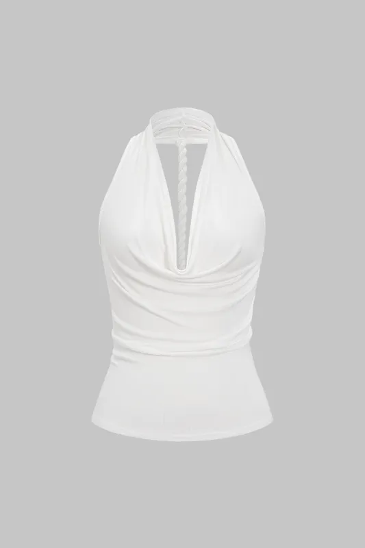 Halter Draped Cowl Neck Ruched Twist Knot Backless Cami Top sold by Micas