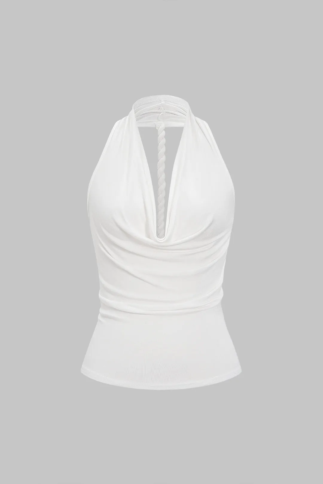 Halter Draped Cowl Neck Ruched Twist Knot Backless Cami Top sold by Micas