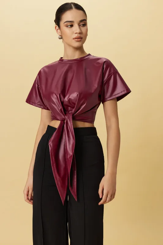 Faux Leather Tie-Front Ruched Short-Sleeve T-Shirt sold by Micas