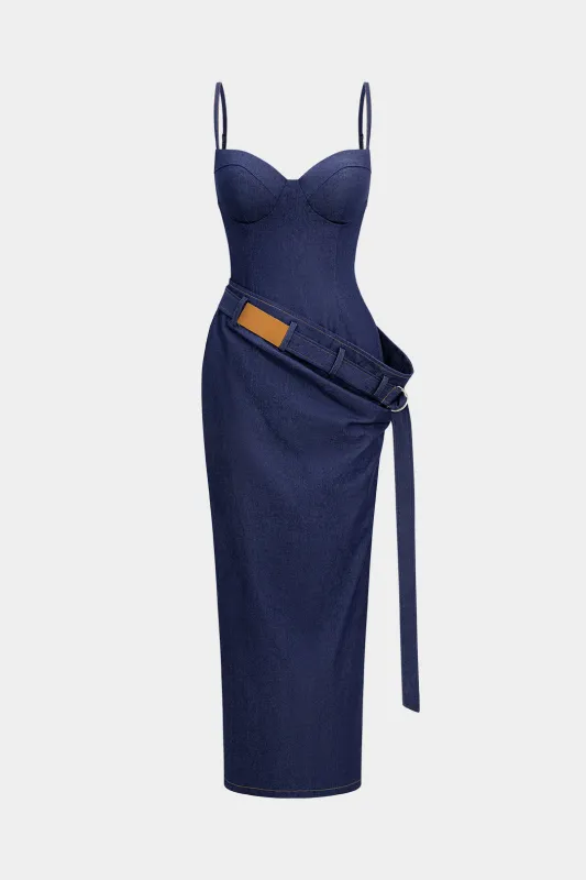 Denim Asymmetrical Ruched Bustier Belted Zipper Maxi Dress sold by Micas