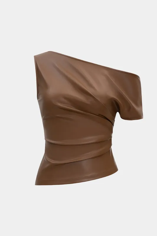 Faux Leather Asymmetrical Shoulder Ruched T-Shirt sold by Micas