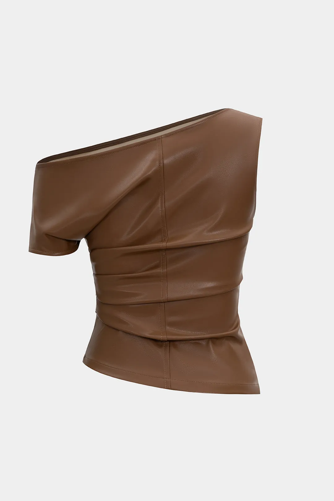 Faux Leather Asymmetrical Shoulder Ruched T-Shirt sold by Micas product image thumbnail 2
