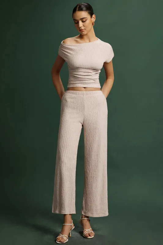 Ribbed Asymmetrical Neck Ruched Short-Sleeve Shirt And Trousers Set sold by Micas