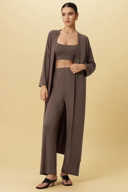 Basic Solid Cami Top And Long-Sleeve Cardigan And Trousers Set sold by Micas