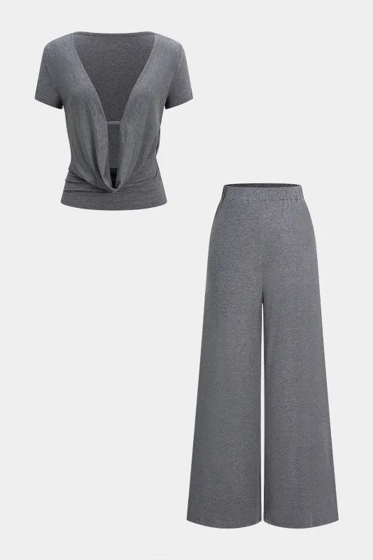 Drapped Cowl Neck Ruched Short-Sleeve Top And Wide Leg Trousers Set sold by Micas