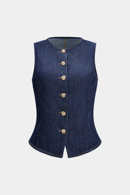 Denim Button Metallic Button Round Neck Vest sold by Micas