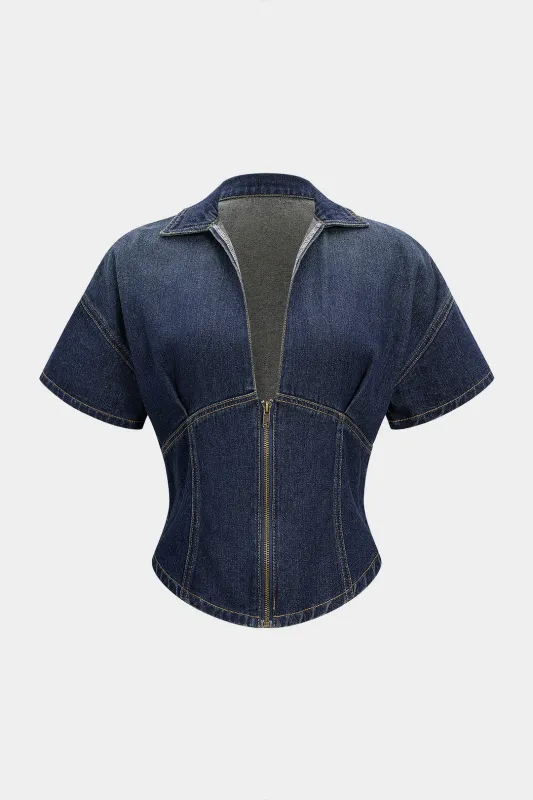 Denim V-Neck Waist-Cinching Short-Sleeve Top sold by Micas