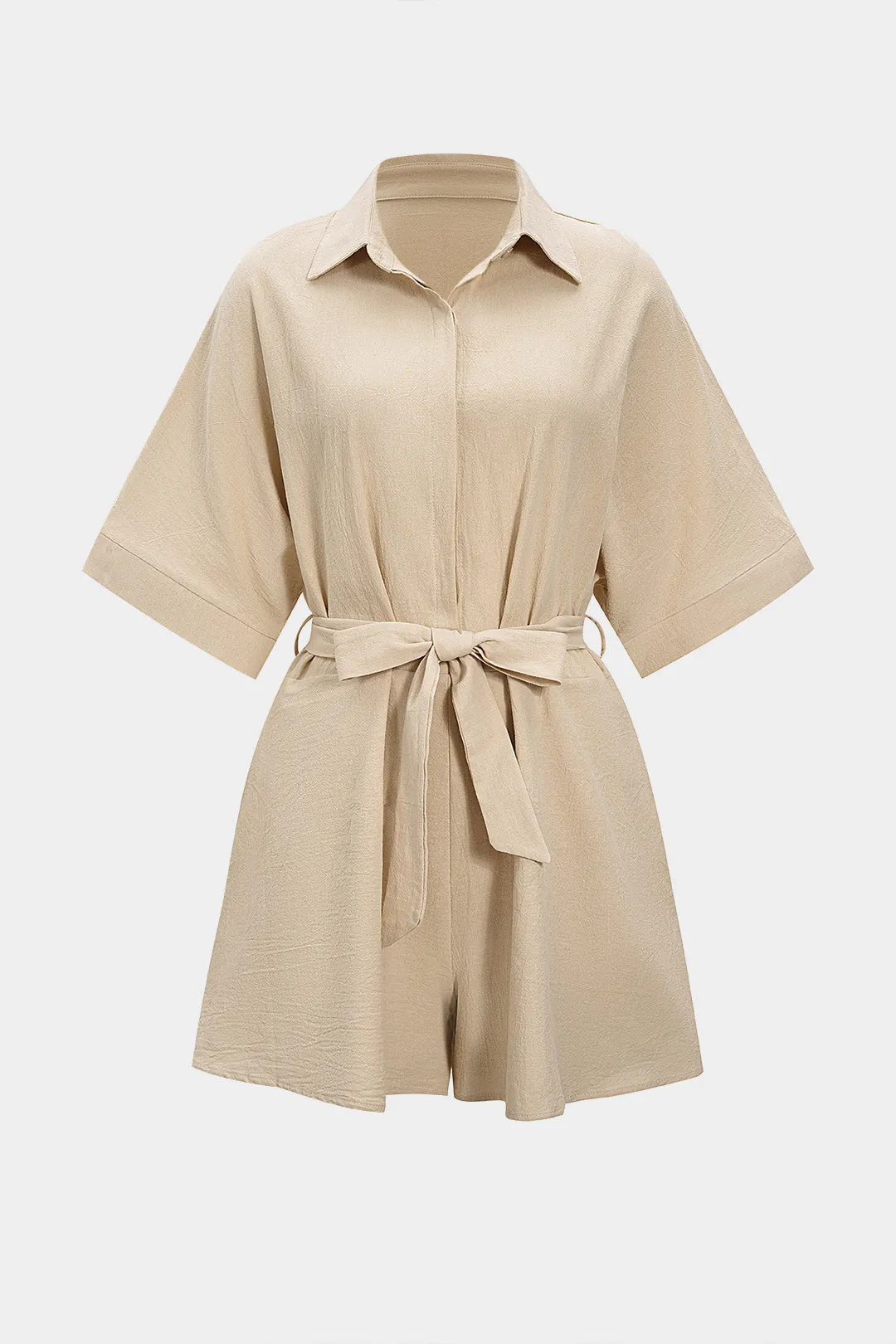 Solid Belted Short-Sleeve Romper sold by Micas