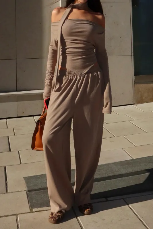 Solid Long-Sleeve Top With Scarf And Ruched Wide Leg Trousers Set sold by Micas