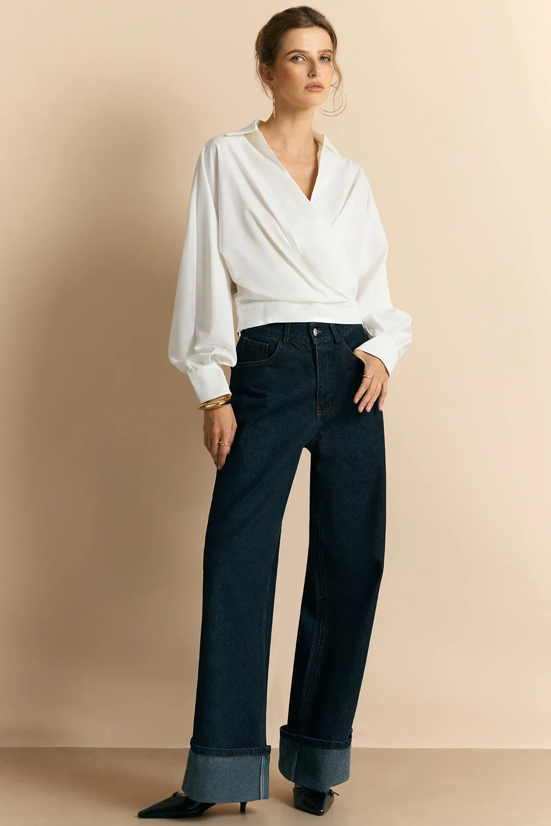 Crossed V-Neck Asymmetrical Ruched Long-Sleeve Shirt sold by Micas product image thumbnail 3