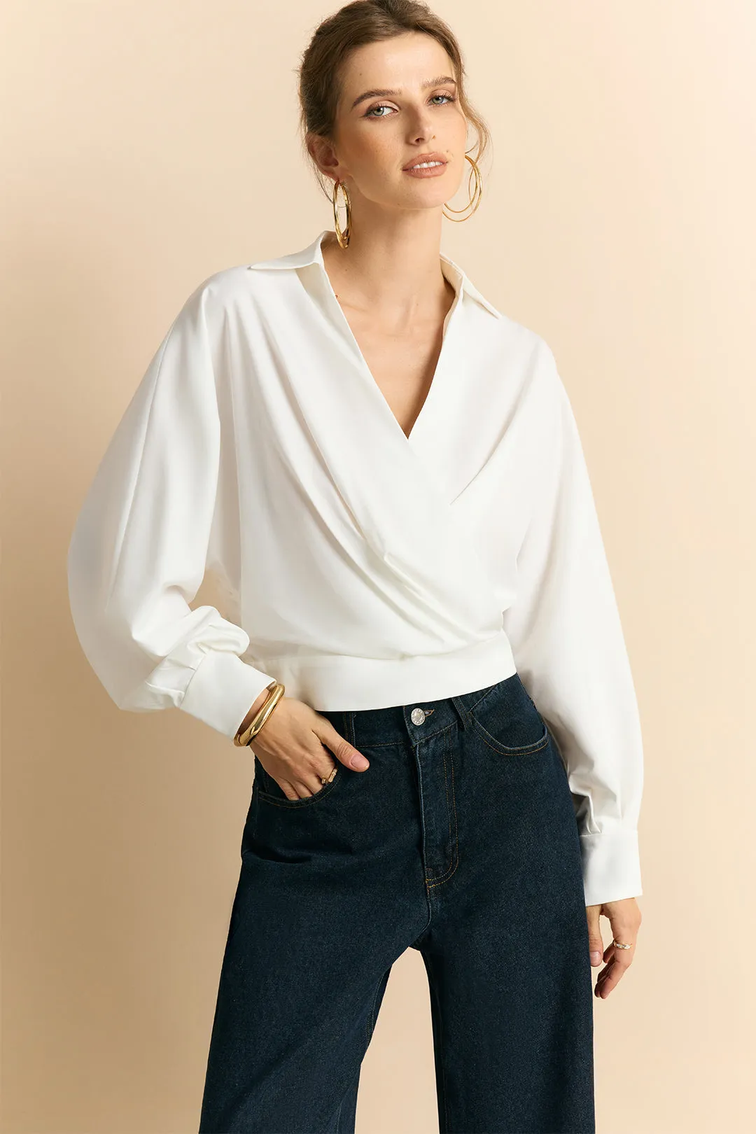 Crossed V-Neck Asymmetrical Ruched Long-Sleeve Shirt sold by Micas