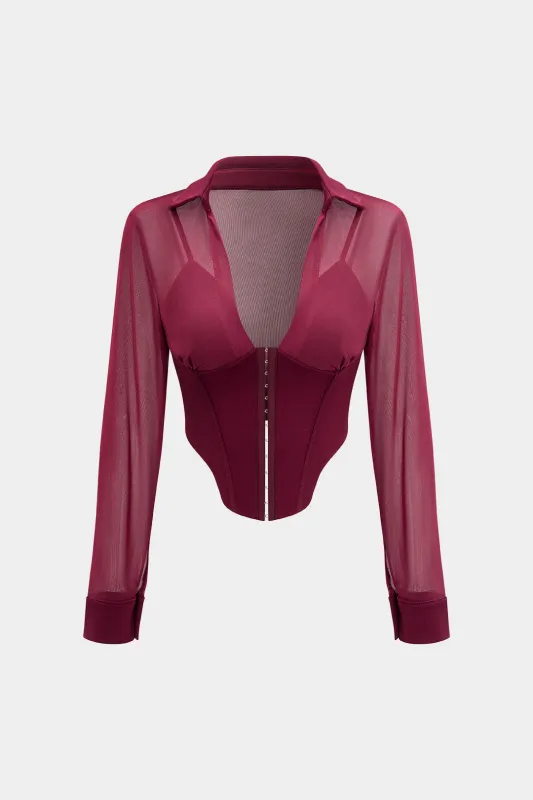 Mesh Button Corset Long-Sleeve Top sold by Micas