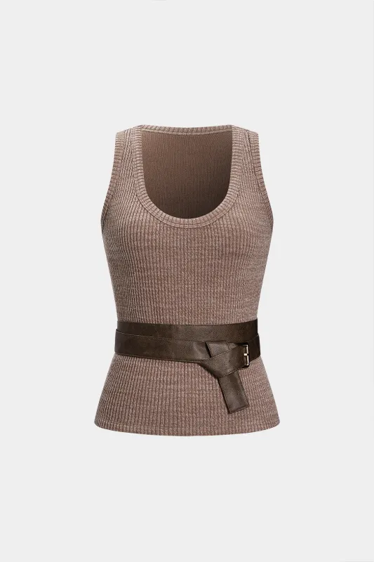 Texture Leather Belted Tank Top sold by Micas