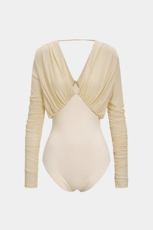V-Neck Ruched Chain Long-Sleeve Bodysuit sold by Micas