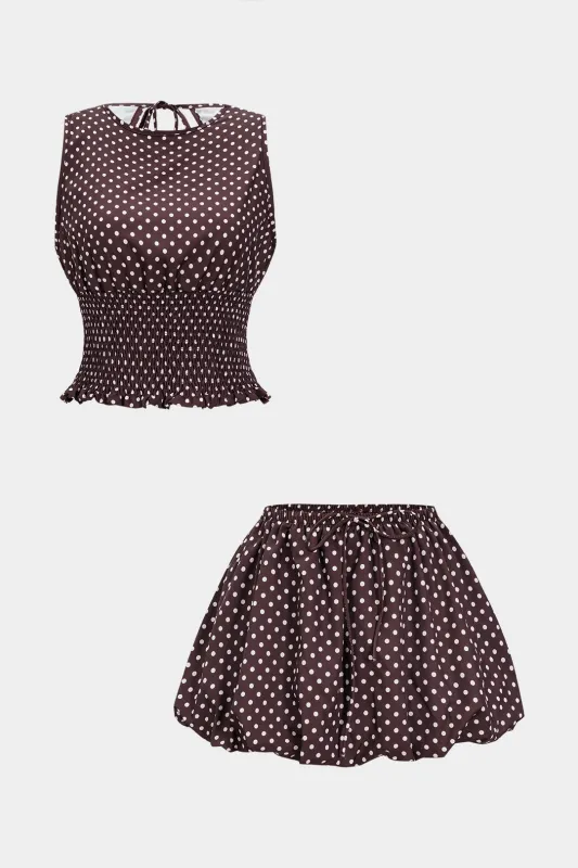 Polka Dot Print Smocked Tie-Back Backless Tank Top And Tie-Up Puff Mini Skirt Set sold by Micas