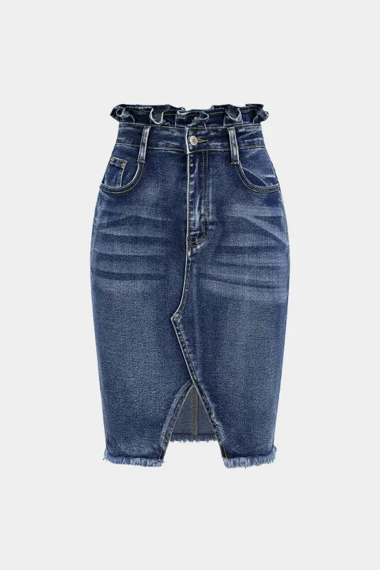 Denim Ruffle Asymmetrical Frayed Skirt sold by Micas