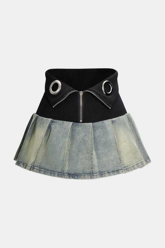Denim Patchwork Zipper Mini Skirt sold by Micas