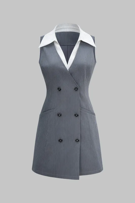 Stripes Print Lapel V-Neck Button Sleeveless Mini Dress sold by Micas