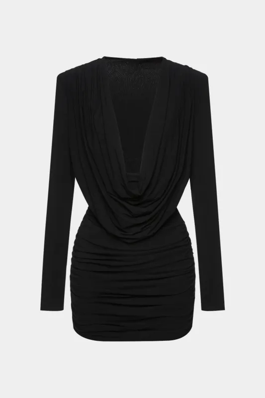 Draped Cowl Neck Ruched Long-Sleeve Mini Dress sold by Micas