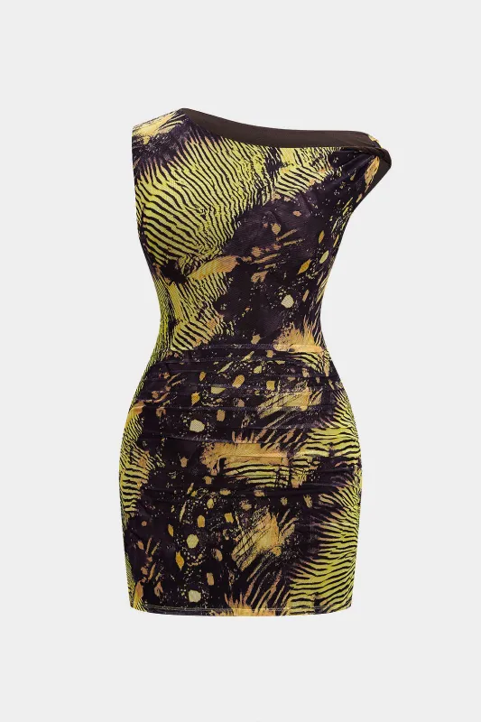 Plus Size Tropical Print Asymmetrical Shoulder Ruched Sleeveless Mini Dress sold by Micas
