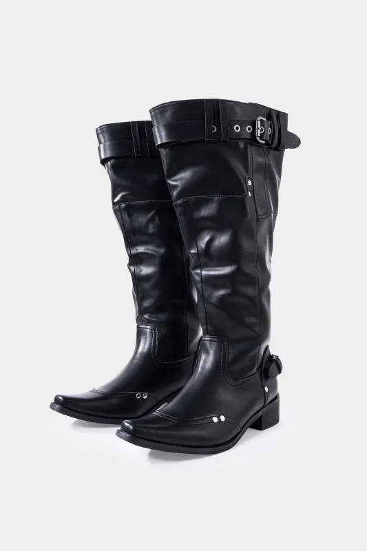 Leather Ruched Buckle Knee High Boots sold by Micas
