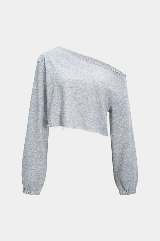Asymmetrical Shoulder Cropped Sweatshirt sold by Micas