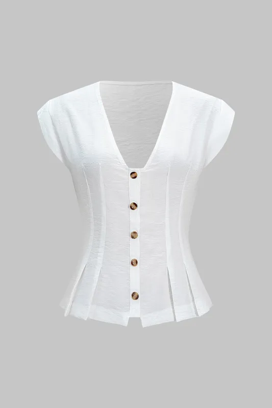 Linen Pleated Button Flutter Short-Sleeve Shirt sold by Micas