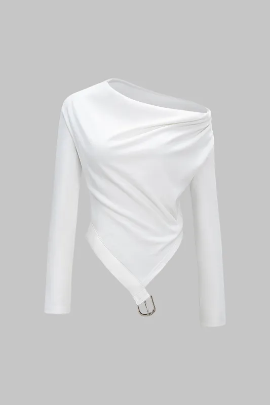 Asymmetrical Neck Ruched Long-Sleeve T-Shirt made by Micas