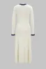 Knit Button Patchwork Denim Frayed Long-Sleeve Dress sold by Micas