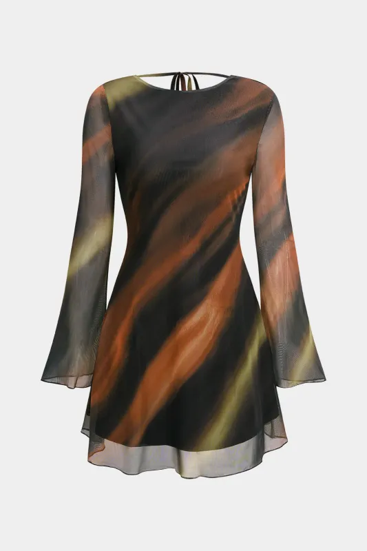 Mesh Colorblock Print Ruched Tie-Back Backless Long-Sleeve Mini Dress sold by Micas