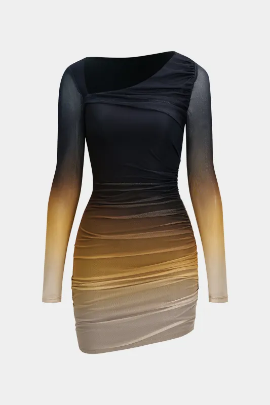 Mesh Colorblock Print Asymmetrical Ruched Long-Sleeve Mini Dress sold by Micas
