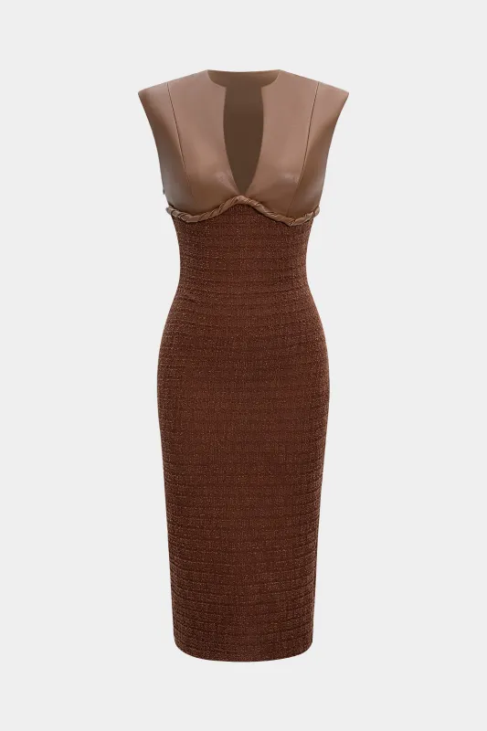 Faux Leather Patchwork Ribbed Tank Sleeveless Midi Dress sold by Micas