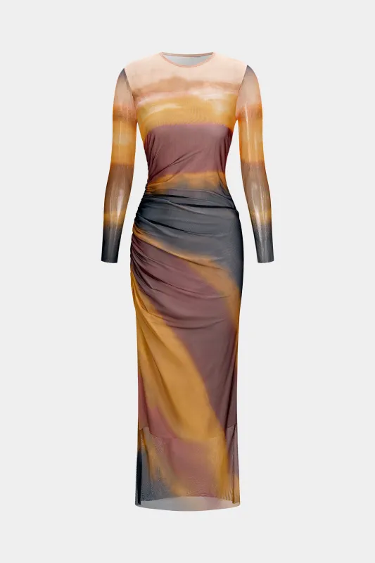 Mesh Colorblock Print Ruched Long-Sleeve Midi Dress sold by Micas