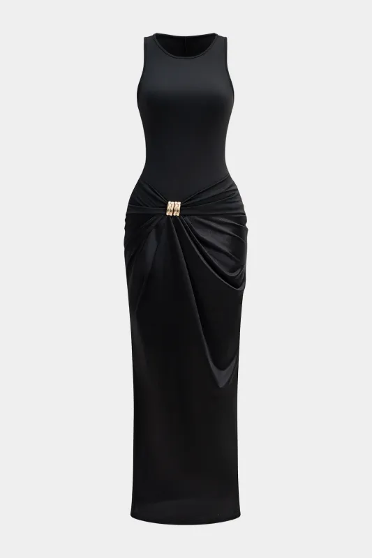 Satin Patchwork Metallic Decor Ruched Sleeveless Maxi Dress sold by Micas