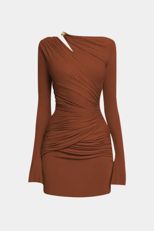 Asymmetrical Neck Ruched Long Sleeve Mini Dress sold by Micas