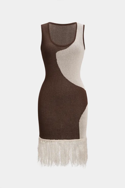 Knit Contrast Fringes Tank Sleeveless Dress sold by Micas