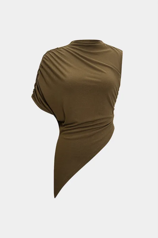 Asymmetrical Shoulder Ruched T-Shirt sold by Micas