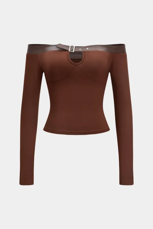 Off Shoulder Faux Leather Patchwork Cut Out Long-Sleeve Shirt made by Micas