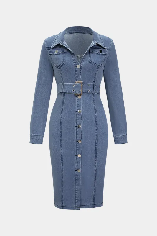 Denim Button Belted Long-Sleeve Dress sold by Micas