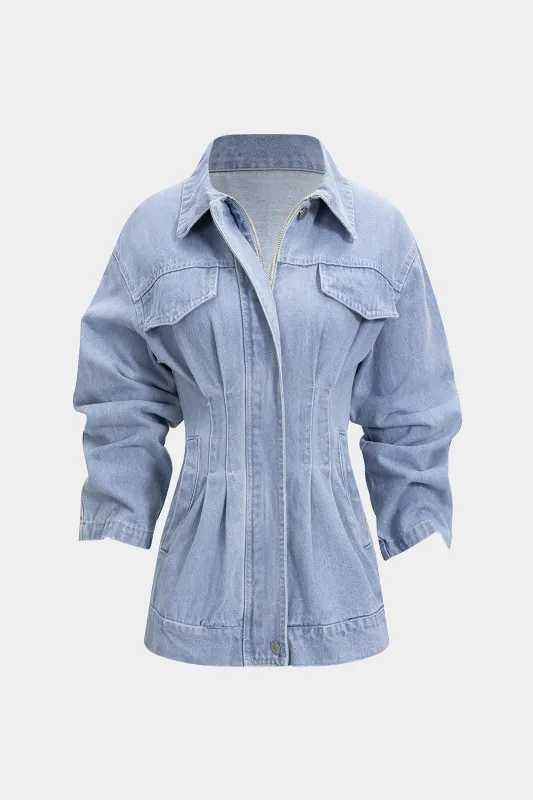 Denim Waist-Cinching Ruched Zipper Coat sold by Micas