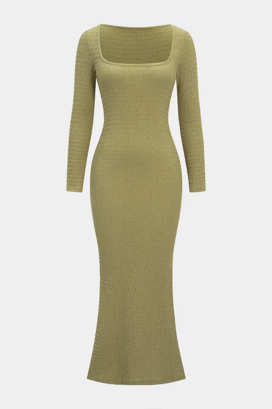 Knit Ribbed Square Neck Long-Sleeve Dress sold by Micas